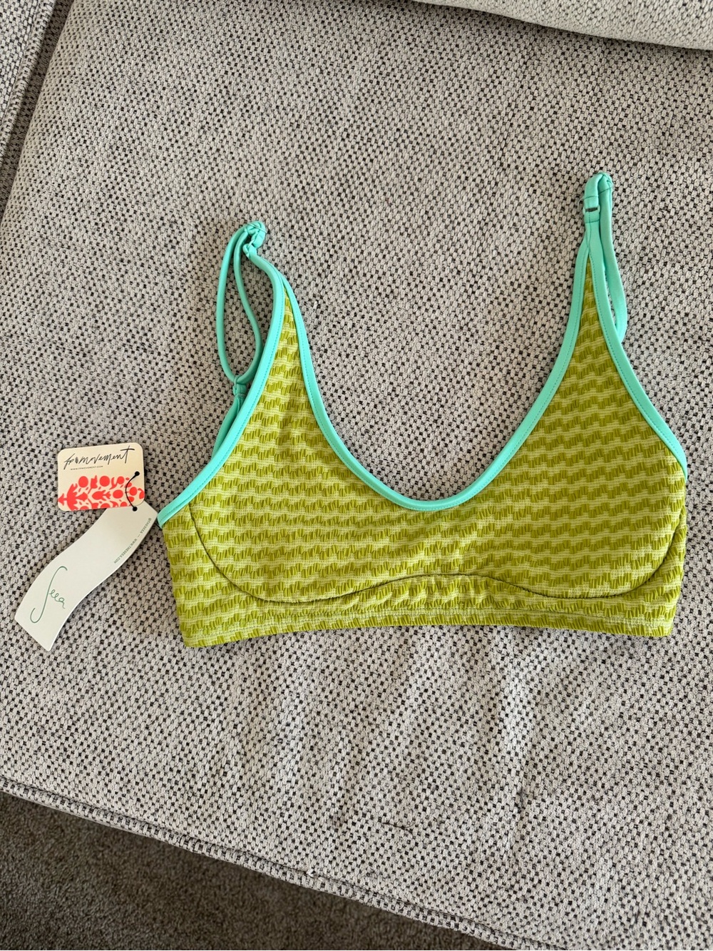 NWT fp Movement Seea Lime Green Textured Bikini Top with Mint Trim